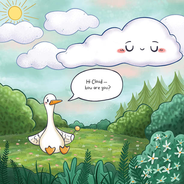 Interior pages from Goose and Cloud showing Goose and Cloud in pastel illustration