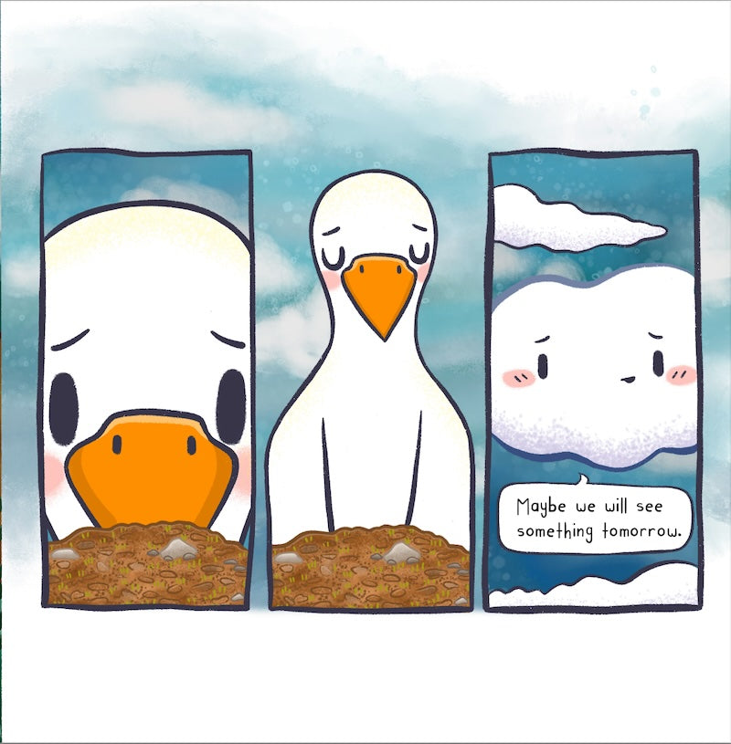 Interior pages from Goose and Cloud: The Mystery Seed showing Goose and Cloud in pastel illustration