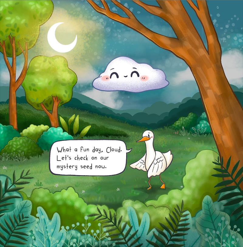 Interior pages from Goose and Cloud: The Mystery Seed showing Goose and Cloud in pastel illustration