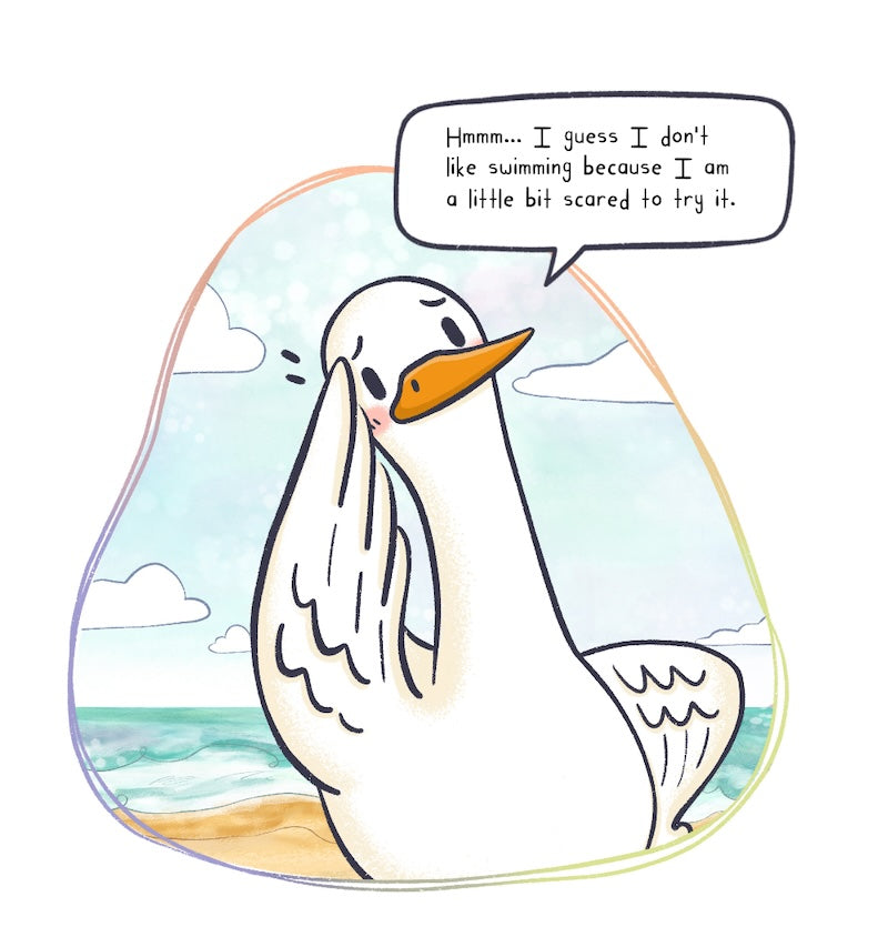 Interior pages from Goose and Cloud: Try Something New showing pastel illustrations