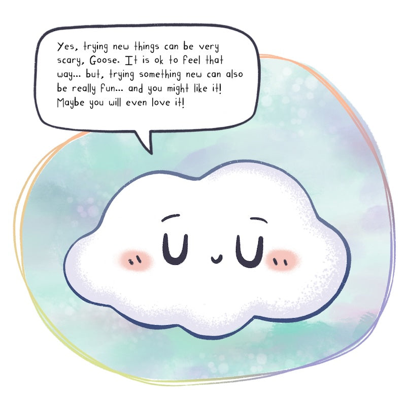 Interior pages from Goose and Cloud: Try Something New showing pastel illustrations