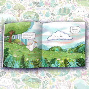 Interior pages from Goose and Cloud: The Mystery Seed showing Goose and Cloud in pastel illustration
