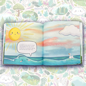 Interior pages from Goose and Cloud showing Goose and Cloud in pastel illustration