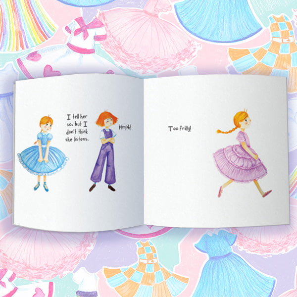 Interior pages from Kiki’s Dresses showing watercolour illustration