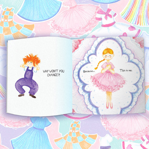 Interior pages from Kiki’s Dresses showing watercolour illustration